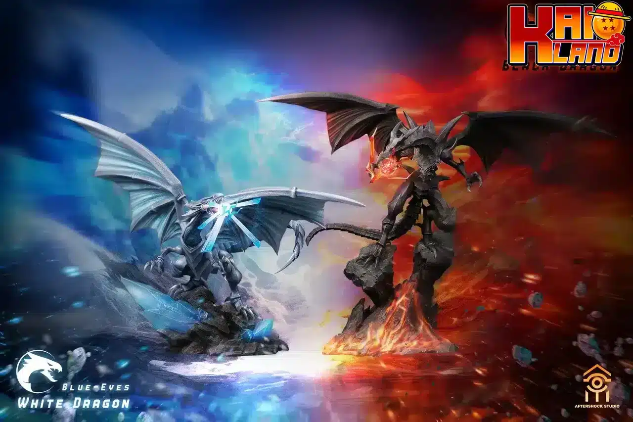 YuGiOh Aftershock Studio Blue Eyes White Dragon x Red Eyes Black Dragon Resin Statue